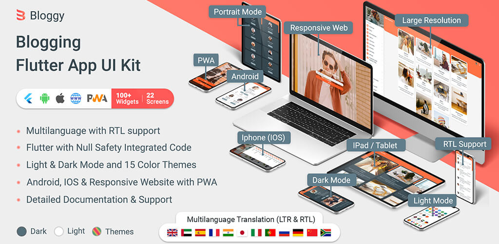 Bloggy - Blogging Flutter App UI Kit (Android, IOS, PWA Responsive Website)